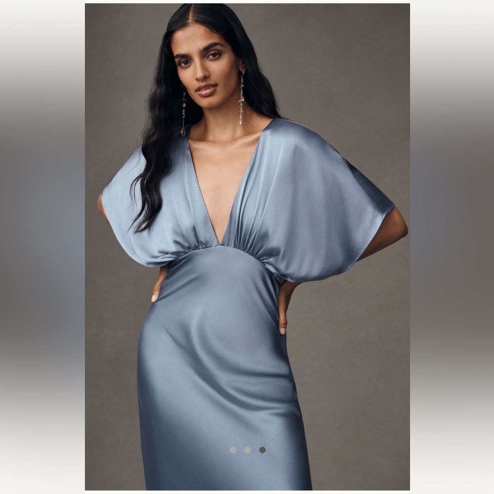 BHLDN Amelia Deep V Flutter Sleeve Dress in Blue